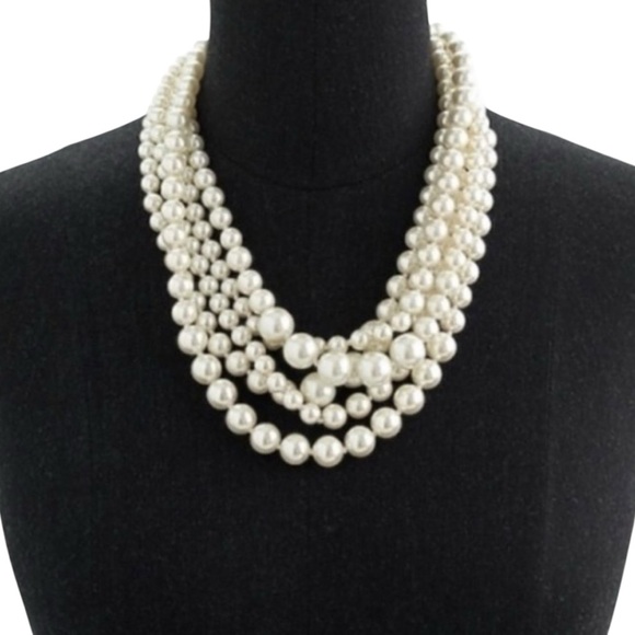 J. Crew Classic Cream Beaded faux pearl layered 5 multi strand Necklace marked - Picture 3 of 11